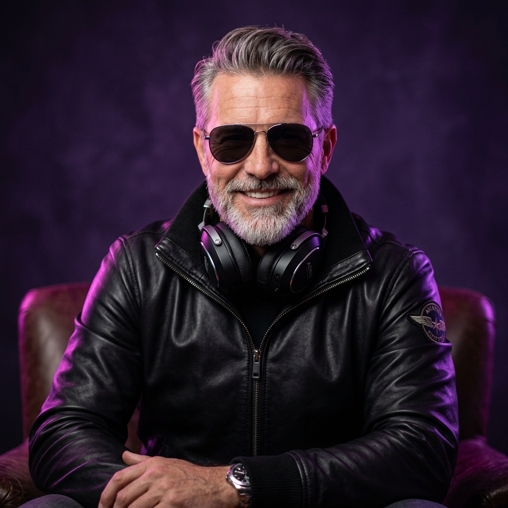 DJ Mach Portrait de óculos escuros e jaqueta de piloto